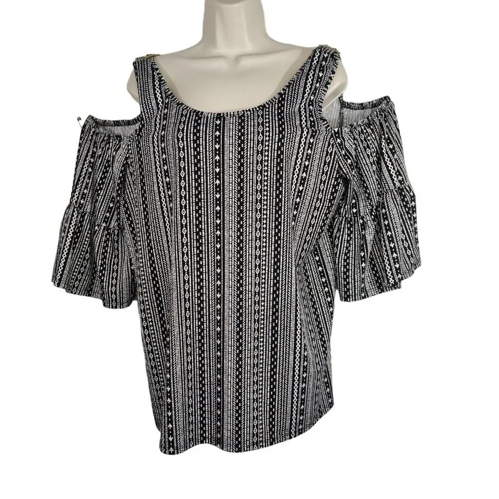 Robert Louis Black White Cold Shoulder Top Women Size L Short Sleeve Casual Work